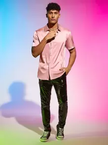 Manfinity Men Button Front Satin Shirt - Baby Pink - View 6