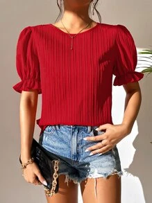 SHEIN Unity 素色泡泡袖襯衫 - 紅色 - 查看 4