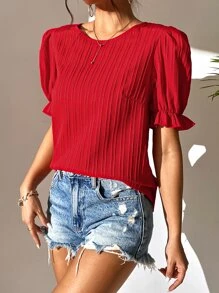 SHEIN Unity 素色泡泡袖襯衫 - 紅色 - 查看 5