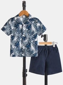 SHEIN 小男童熱帶圖案襯衫和短褲