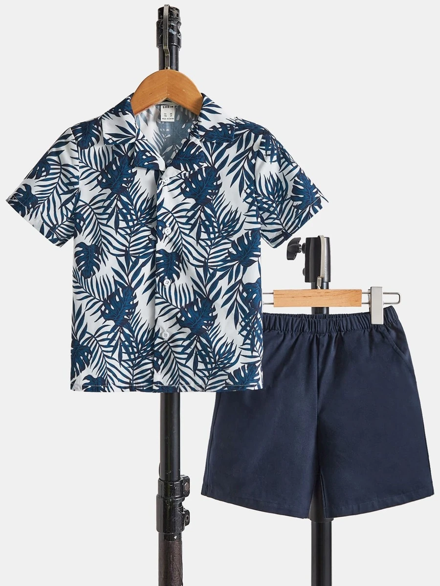 SHEIN 小男童熱帶圖案襯衫和短褲