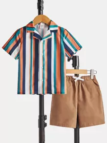 SHEIN 小男童條紋圖案襯衫和短褲