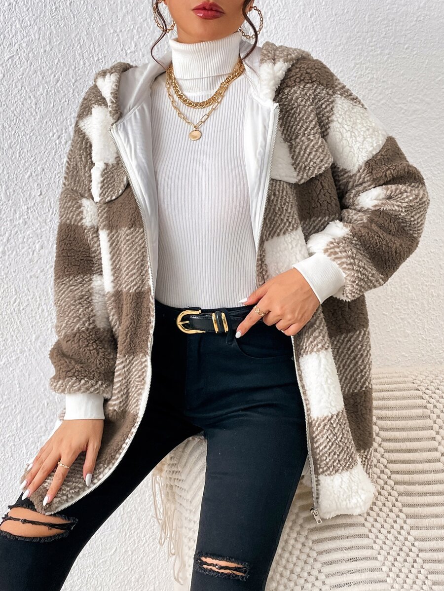 SHEIN Frenchy Buffalo Plaid Pattern Zip Up Drop Shoulder Hooded Flannel Coat - Mocha Brown - View 1