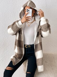 SHEIN Frenchy Buffalo Plaid Pattern Zip Up Drop Shoulder Hooded Flannel Coat - Mocha Brown - View 6