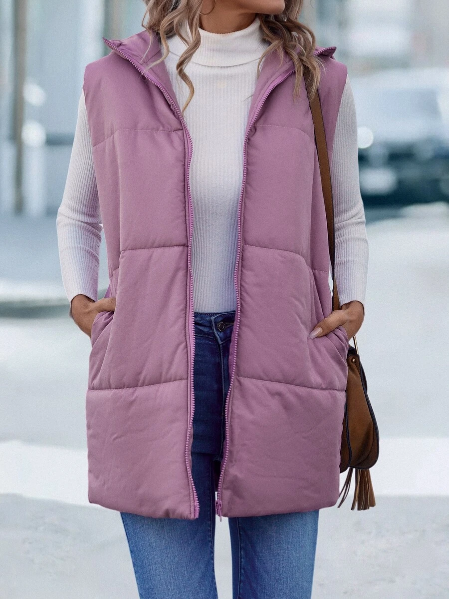 SHEIN LUNE Solid Hooded Vest Padded Padded Coat Clothes Winter - Purple - View 1