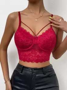 SHEIN Privé Áo hai dây Tương phản ren Hội Chữ thập màu trơn Gợi cảm - Màu Đỏ Sâu - Xem 1