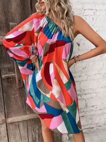 SHEIN VCAY 幾何印花單肩燈籠袖不對稱下擺連衣裙 - 彩色 - 查看 3