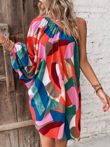 SHEIN VCAY 幾何印花單肩燈籠袖不對稱下擺連衣裙 - 彩色 - 查看 4