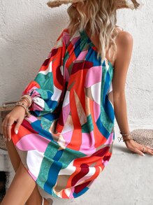 SHEIN VCAY 幾何印花單肩燈籠袖不對稱下擺連衣裙 - 彩色 - 查看 5