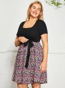 SHEIN VCAY 大碼小碎花腰帶A字洋裝 - 彩色 - 查看 4