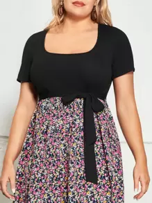 SHEIN VCAY 大碼小碎花腰帶A字洋裝 - 彩色 - 查看 2