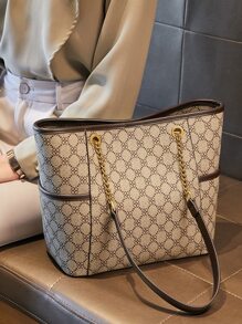 CORALDAISY Old Money Style, Lightweight, Geometric Pattern Chain Shoulder Tote Bag For Teen Girls Women College Students, Rookies & White-Collar Ers Perfect For, College, Commute, Outdoors, Travel, Outings, Business Casual Bag For Women, Perfect For Office, Business And Work - Multicolor - View 1