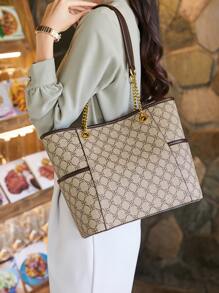 CORALDAISY Old Money Style, Lightweight, Geometric Pattern Chain Shoulder Tote Bag For Teen Girls Women College Students, Rookies & White-Collar Ers Perfect For, College, Commute, Outdoors, Travel, Outings, Business Casual Bag For Women, Perfect For Office, Business And Work - Multicolor - View 2