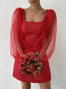 SHEIN Privé Jacquard Square Neck Lantern Sleeve Dress - Red - View 5