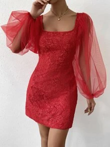 SHEIN Privé Jacquard Square Neck Lantern Sleeve Dress - Red - View 6