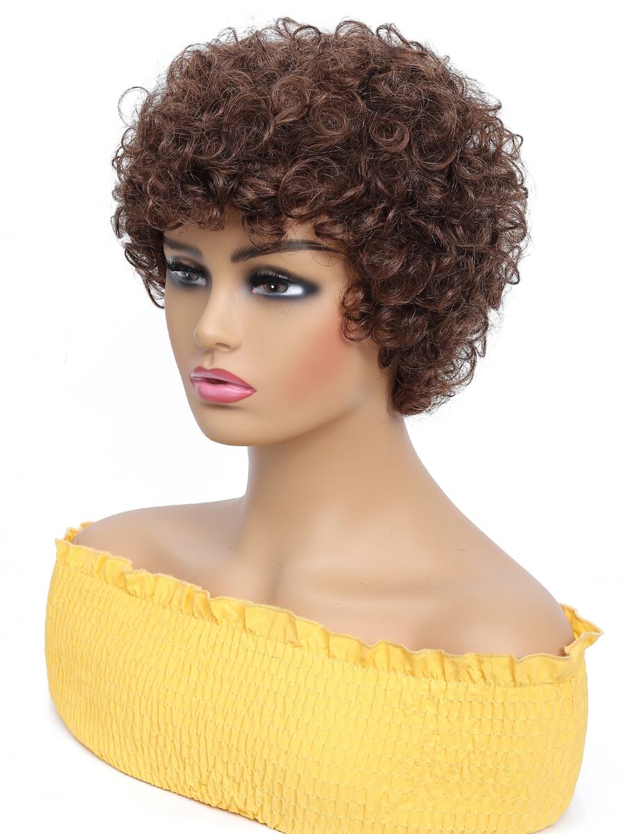 SHEIN Short Wig With Bangs Curly Wave Human Hair Machine Made Wig 4F30