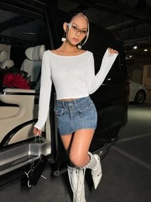 SHEIN ICON 船領華夫格編織短款上衣 - 白色 - 查看 3