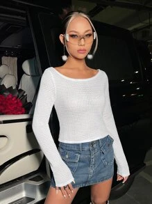 SHEIN ICON 船領華夫格編織短款上衣 - 白色 - 查看 4