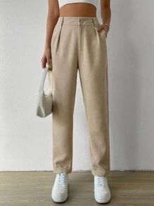 SHEIN EZwear High Waist Fold Pleated Pants - Apricot - View 3