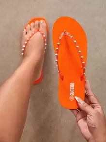 Woman Shoes Leisure Vacation Studded Decor Design Orange Flip Flops For Summer Vacation Shoes Summer Back To School Shoes College Student Shoes Spring Shoes Spring Break Easter For Casual Beach Style