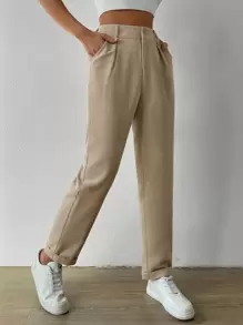 SHEIN EZwear High Waist Fold Pleated Pants - Apricot - View 4