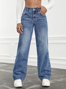 SHEIN PETITE 高腰直筒牛仔褲 - 中等水洗藍 - 查看 1