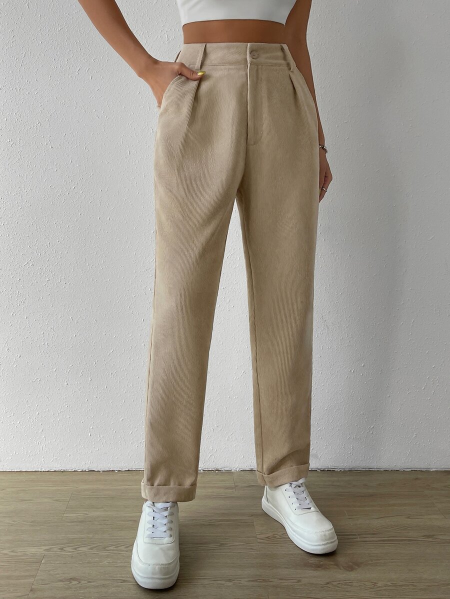 SHEIN EZwear High Waist Fold Pleated Pants - Apricot - View 1