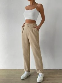 SHEIN EZwear High Waist Fold Pleated Pants - Apricot - View 6