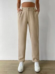 SHEIN EZwear High Waist Fold Pleated Pants - Apricot - View 7