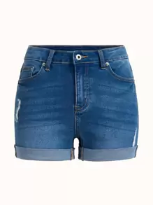 Ripped Roll Hem Denim Shorts - Medium Wash - View 1
