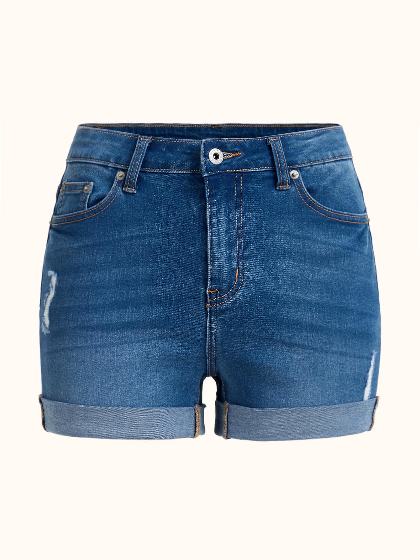 Ripped Roll Hem Denim Shorts - Medium Wash - View 1