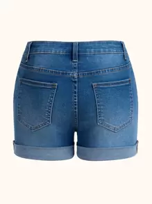 Ripped Roll Hem Denim Shorts - Medium Wash - View 2