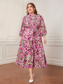 Modelyn Vestido con cinturón con estampado floral de manga farol bajo con fruncido - Multicolor - Ver 1