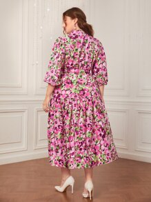 Modelyn Vestido con cinturón con estampado floral de manga farol bajo con fruncido - Multicolor - Ver 3