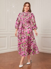 Modelyn Vestido con cinturón con estampado floral de manga farol bajo con fruncido - Multicolor - Ver 4