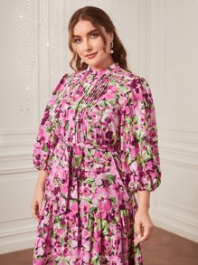 Modelyn Vestido con cinturón con estampado floral de manga farol bajo con fruncido - Multicolor - Ver 5