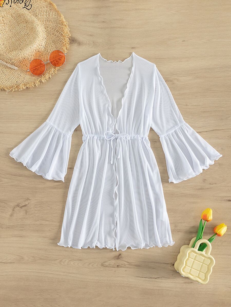Girls Lettuce Trim Flounce Sleeve Drawstring Waist Kimono - White - View 1