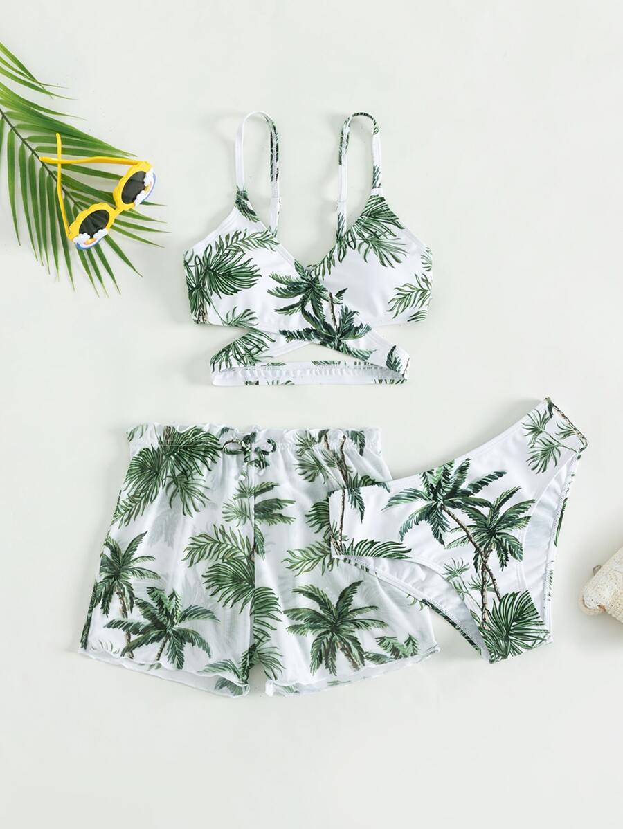 青少年女孩热带印花交叉比基尼套装与沙滩裙夏季海滩