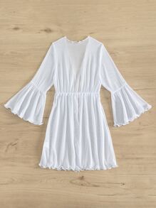 Girls Lettuce Trim Flounce Sleeve Drawstring Waist Kimono - White - View 2