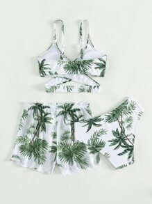 青少年女孩热带印花交叉比基尼套装与沙滩裙夏季海滩