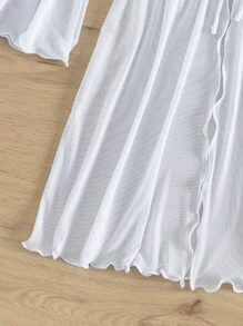 Girls Lettuce Trim Flounce Sleeve Drawstring Waist Kimono - White - View 4