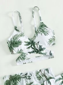 青少年女孩热带印花交叉比基尼套装与沙滩裙夏季海滩