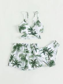 青少年女孩热带印花交叉比基尼套装与沙滩裙夏季海滩