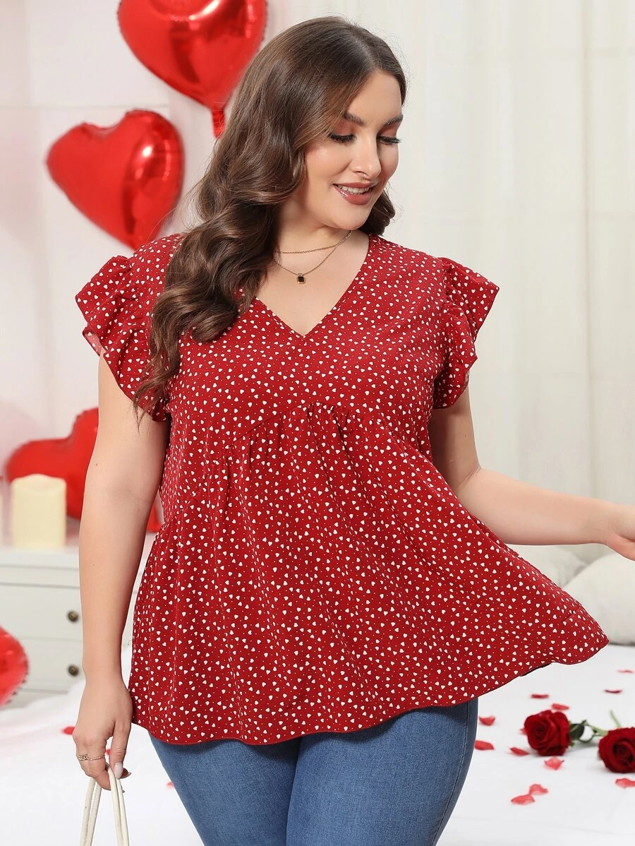 SHEIN LUNE Blusa peplum con estampado de corazón de manga mariposa - Rojo - Ver 1