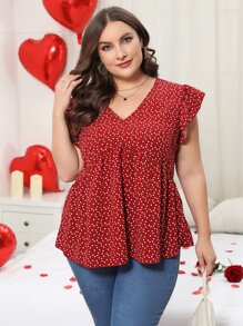 SHEIN LUNE Blusa peplum con estampado de corazón de manga mariposa - Rojo - Ver 3