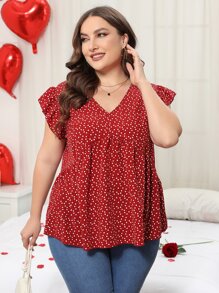 SHEIN LUNE Blusa peplum con estampado de corazón de manga mariposa - Rojo - Ver 6