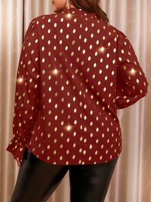 Celure Plus Gold Dot Print Flounce Sleeve Blouse - Rust Brown - View 2