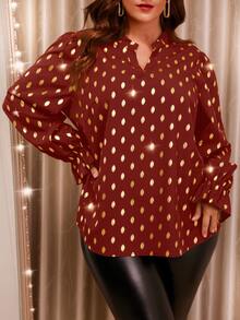 Celure Plus Gold Dot Print Flounce Sleeve Blouse - Rust Brown - View 5