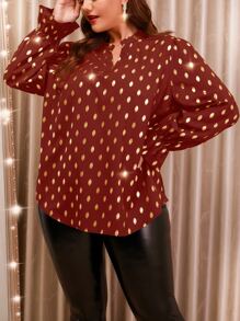Celure Plus Gold Dot Print Flounce Sleeve Blouse - Rust Brown - View 6