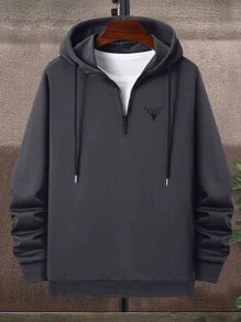 Manfinity Homme 男士小鹿刺繡四分之一拉鏈抽繩連帽衫 - 深灰色 - 查看 5